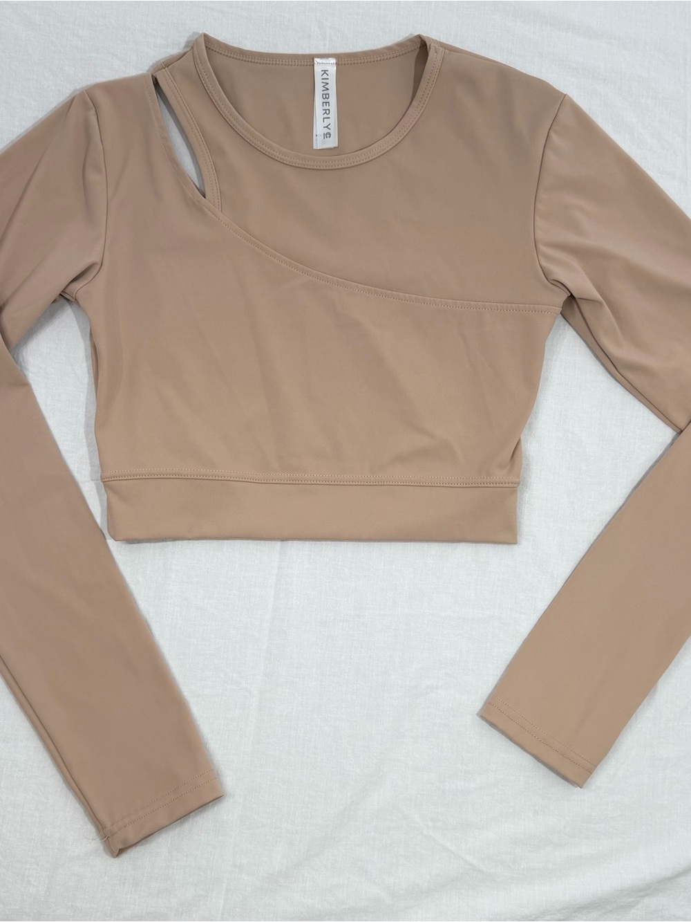 Kimberly C Cropped Long Sleeve Tan Active Top with Cutout size S